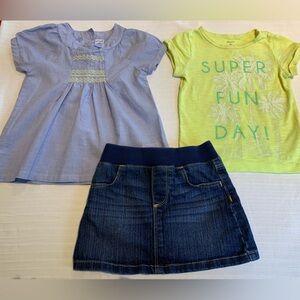 3 pieces, 2 outfits, size 3T - denim skirt and 2 tops